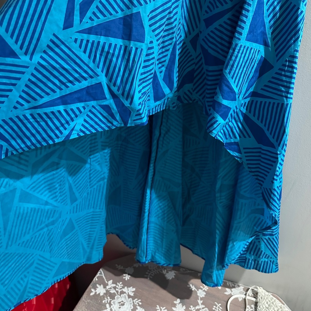 ASHRO Blue Geometric Print High Low Cap Sleeve Midi Dress Size 6‎